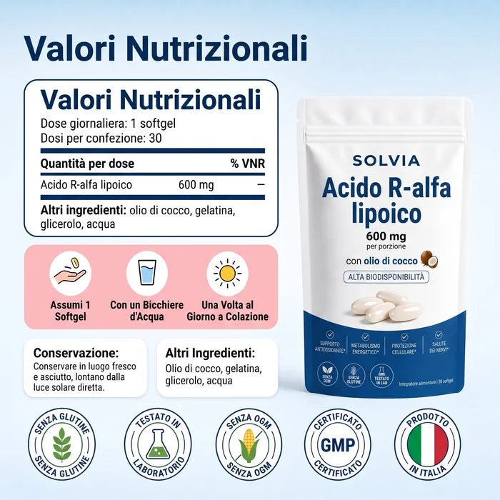 Acido R-Alfa Lipoico — 600 mg di forma R pura in capsule molli - Solvia IT
